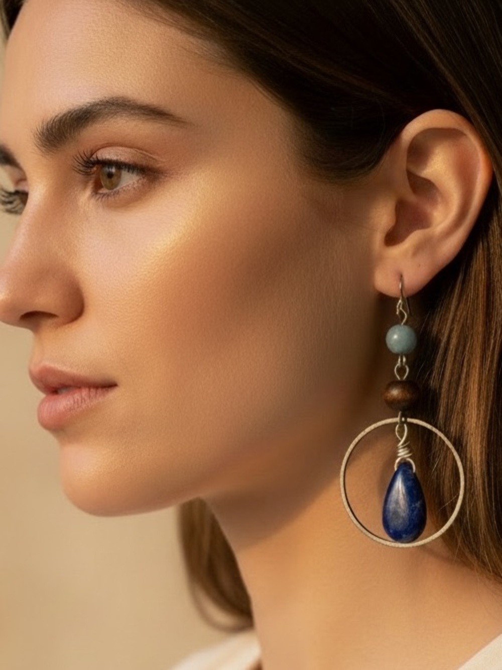 Handcrafted Artisan Blue Teardrop Hoop Earrings with Wood Bead